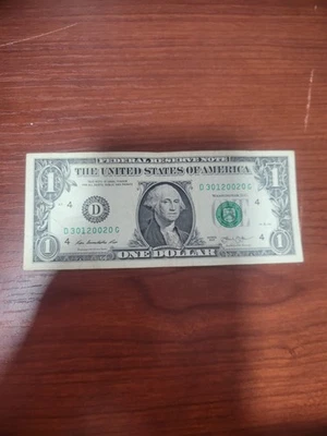 2013 One Dollar Bill $1 FRN Note FANCY SERIAL NUMBER D30120020G - Image 1 of 4