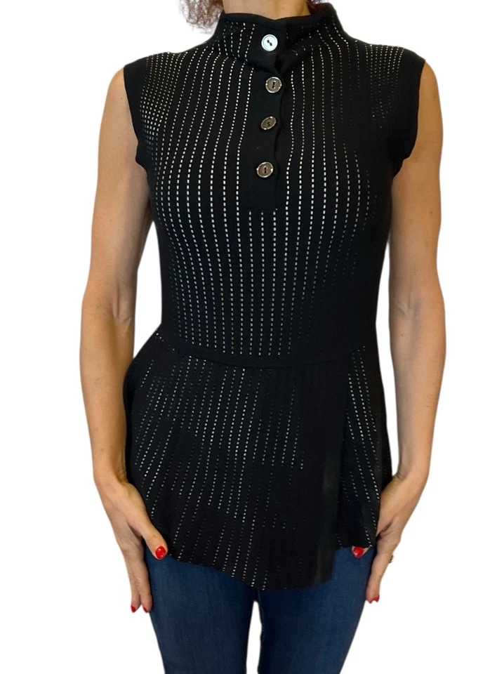 Suéter Polo Sportmax Max Mara Negro Sin Mangas Tejido Acanalado Peplum Top Rayas S/M Foto 1 de 4