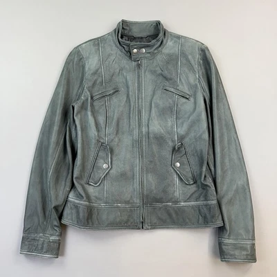 Lucky Brand Jacket Women's Large Gray Green Leather Full Zip Lined Moto Biker - Image 1 of 4