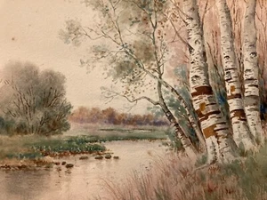 Pretty Vintage Rosy Pond Shabby Chic Watercolor Painting Cottagecore Signed - Picture 1 of 13