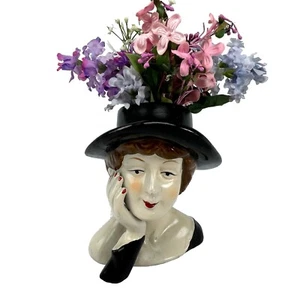 Vintage Frauenkopf Vase Übertopf schwarz Hut Figur Blumen Gesicht Hand auf Wange - Bild 1 von 11