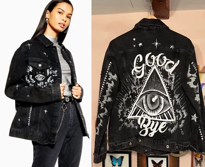 Chaqueta Topshop Moto Cristal Tachonado Talla 4 Pintada Negra Denim PIRÁMIDE OJO Foto 1 de 4