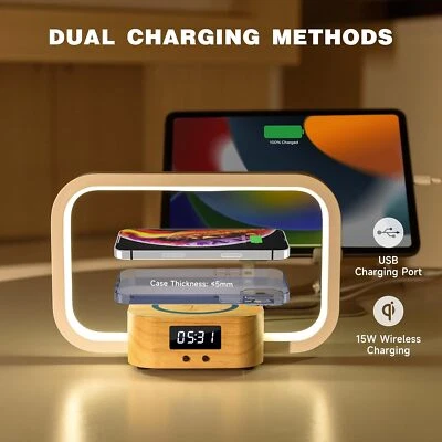 Portable Lamp Wireless USB Charger Clock Touch Bedside Bedroom Nightstand Office - Image 1 of 4