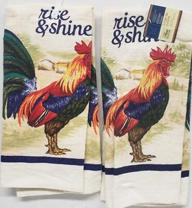 Set of 2 Same Printed Kitchen Terry Towels (15" x 25") ROOSTER, RISE & SHINE, GR - Picture 1 of 12