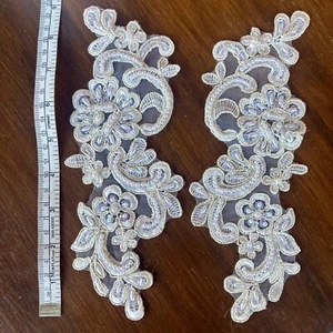 One Pair Ivory Beaded/Sequin Wedding Lace Appliqué Motifs - Picture 1 of 4