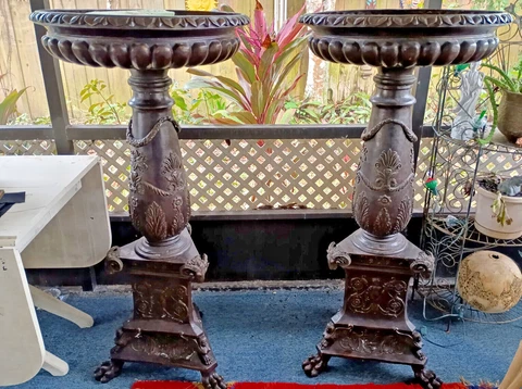 Pair Cast Metal Bronzed Neo-Classical Planters Jardinieres HUGE 50" Tall Cover