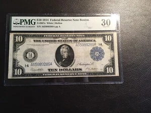 10.00 1914 Federal Reserve Notes Boston PMG 30 Very Fine Harder to find district - Picture 1 of 2