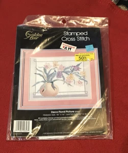 Golden Bee Art Deco Floral Picture Stamped Print Flowers Vase Cross Stitch - Picture 1 of 2