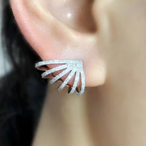 Natural Diamond Engagement Cuff Earrings Solid 18K White Gold Women Jewelry - Picture 1 of 10