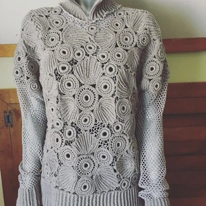 Irish Lace Sweter Grey Cotton Crochet Handmade M - Picture 1 of 4
