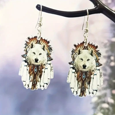 Joyería Nativo Americano Blanco Lobo Lobo Naturaleza Pendientes Colgantes 2D Acrílico Foto 1 de 4