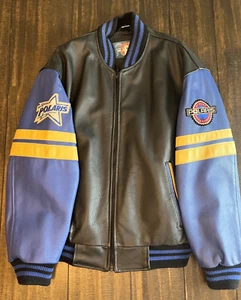 VINTAGE 80S POLARIS LEATHER BOMBER JACKET MENS XL CHECKERED FLAGS BLACK BLUE - Picture 1 of 14