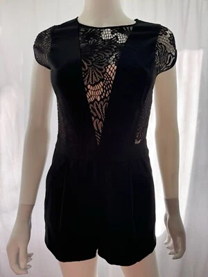 BCBGMAXAZRIA Diseñador Finlandés Negro Desnudo Encaje Elegante Mameluco Con Bolsillos Laterales Talla 0 Foto 1 de 4