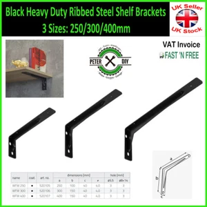 Black Heavy Duty Ribbed Steel Shelf Brackets Shelves 3 Sizes: 250/300/400mm - Picture 1 of 4