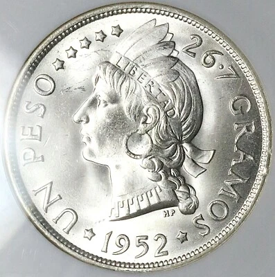 1952 NGC MS 65 Dominican Republic 1 Peso 20k Silver Dollar Coin (25042303C) - Image 1 of 4