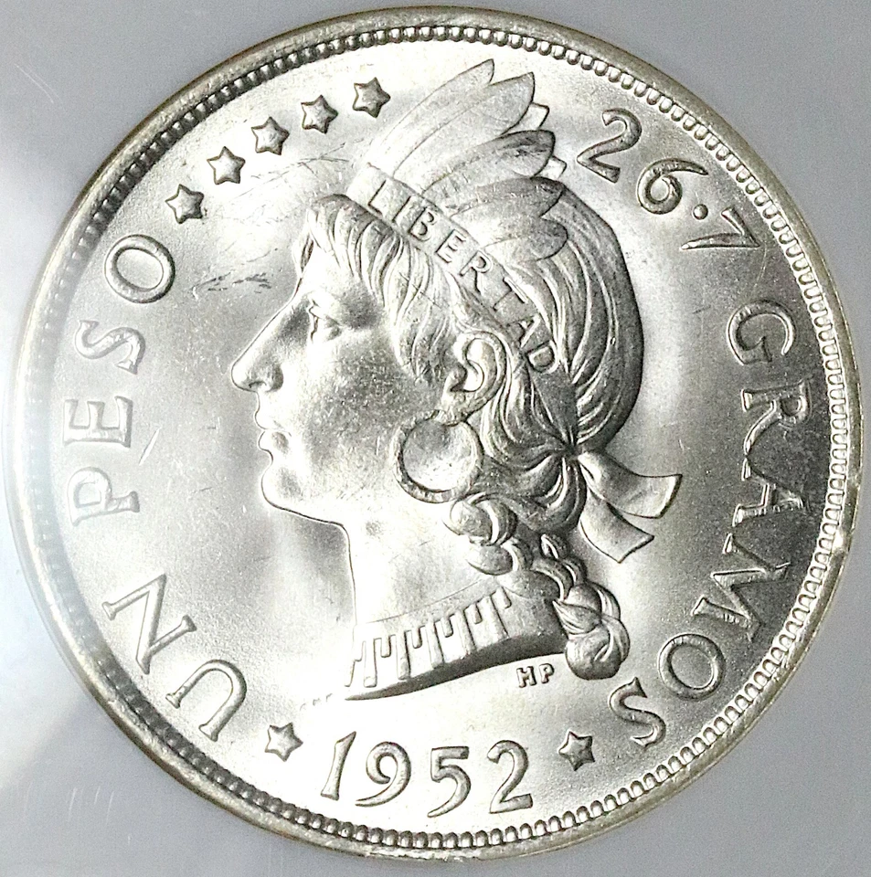 1952 NGC MS 65 Dominican Republic 1 Peso 20k Silver Dollar Coin (25042303C) - Image 1 of 4