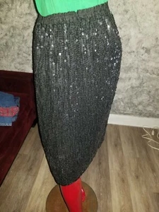 Vintage Black Sequin Joseph Le Bon Silk Lined Skirt Size Large Elastic is Bad  - Picture 1 of 5