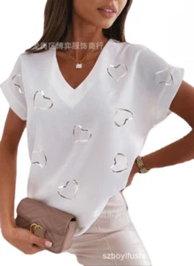 Women's T-shirt Popular Loose Hot Sell Loose V-neck Love Print Short Sleeve - Picture 1 of 20
