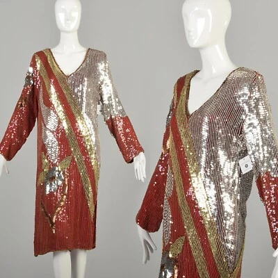 Medium 1970s Red Silk Asymmetrical Cocktail Dress Gold Silver Sequin Party Dress - Image 1 of 4