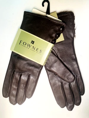 Fownes Women's Dark Brown Leather Gloves Real Rabbit Lining Fur Gloves Sz.6.5 - Image 1 of 4