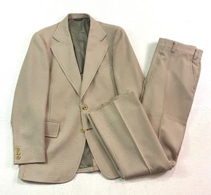 VTG 70s 40S 34x30 2pc Pant Suit Tan White Gingham Polyester Knit Retro Flare - Picture 1 of 18