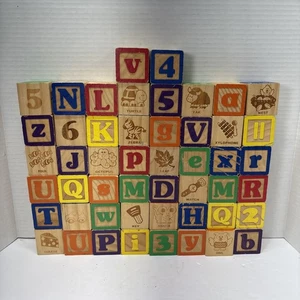 50 Colored Wooden Blocks ABC’s 123’s Spelling Words And Pictures - Picture 1 of 5