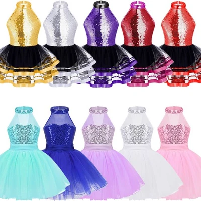 Kids Dress Shiny Sequins Tutu Mesh Skirts Ballet Dance Hollow Back Leotard - Image 1 of 4