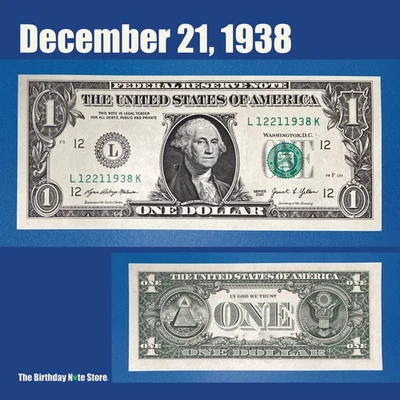 December 21, 1938 Birthday Anniversary $1 One Dollar Bill Serial Number 12211938 - Image 1 of 2