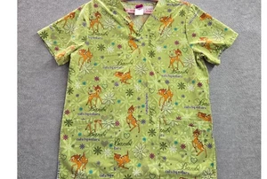 The Wonderful World of Disney Women’s Sz XL Green Scrub Top Bambi V-Neck Pockets - Picture 1 of 5