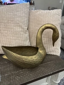 Vintage MCM Solid Brass Swan Planter Sculpture Large at 13” Length X 9.5” Tall - Picture 1 of 7