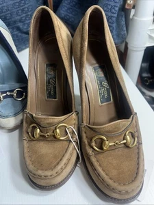 GUCCI 38.5 HIGH Heel Pumps LOAFERS BROWN SUEDE GOLD HORSEBIT - Picture 1 of 20