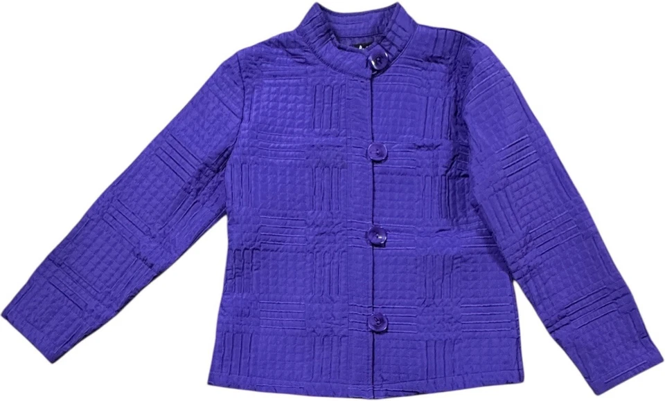 Chaqueta Analogía Mujer Petite M PM Púrpura Acolchada Texturizada Botón Frontal Mandarín Foto 1 de 4