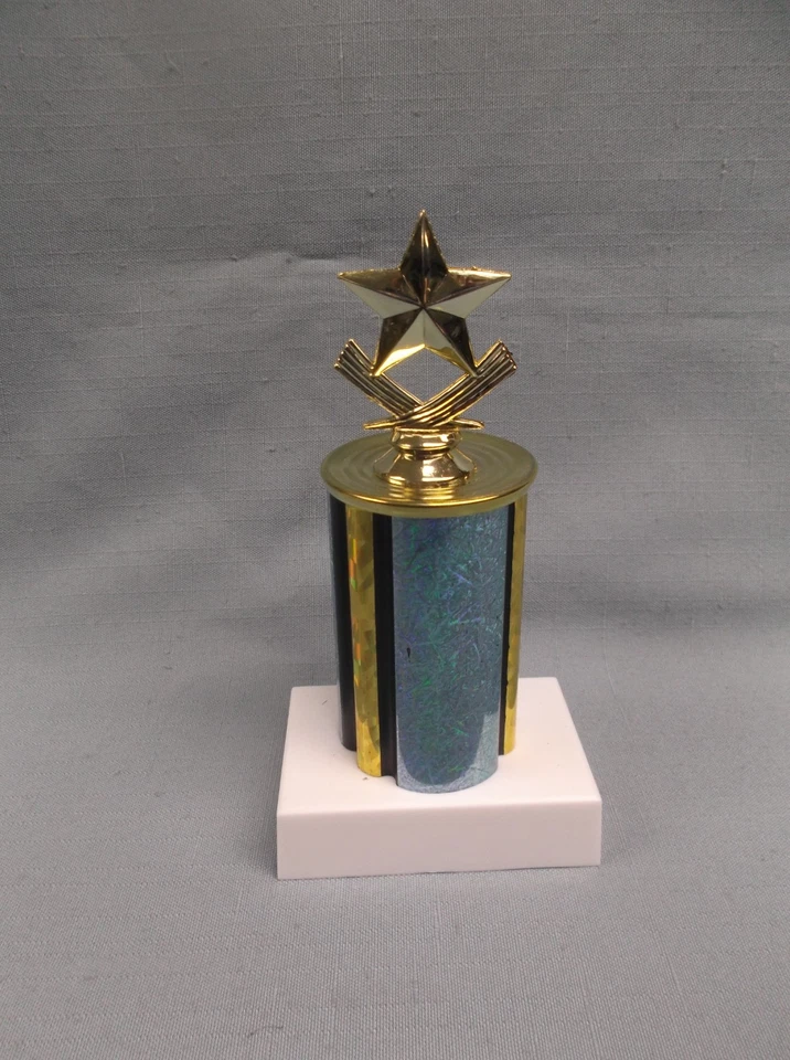 Premio Trofeo ESTRELLA Columna Azul Claro Base Blanca Ponderada Premio Vacaciones Foto 1 de 1
