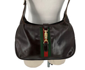 Vintage Gucci Jackie Bag Brown Leather Red Green Sherry Stripe Convertible Purse