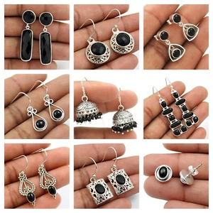 Natural Black Onyx Stone Earrings Solid 925 Silver Mother Gift Trendy Jewelry - Picture 1 of 10