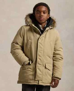 Polo Ralph Lauren Artificial-fur-Trim Down Parka Jacket Boys L 14-16 Khaki Snap - Picture 1 of 18