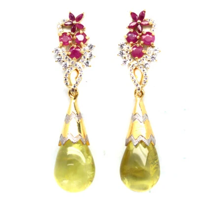 Nicht Erhitzt Edelstein Zitronengelb Quarz, Rubin & Zirkonia Ohrringe 925 Silber - Bild 1 von 4