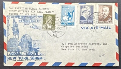 Turkey 1947 Cover Pan American Clipper 1st Air Mail Flight Ankara to New York - Image 1 of 2