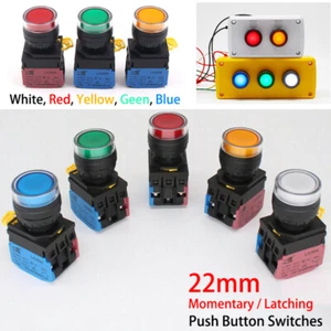 22mm 12/24/220/380V Illuminated Push Button Switches Momentary/Latching 5 Colors - Picture 1 of 13