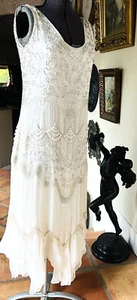 Beautiful Handmade Beaded Sequins Pearls Silk Flapper Dress Evening Gown - Picture 1 of 13