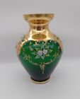 Vintage Bohemian Glass Czech Green Gold Vase Handpainted Flowers 9" STUNNING 