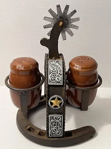 Cowboy & Western Themed Spur and Horseshoe Salt And Pepper Shaker Holder - Picture 1 of 15