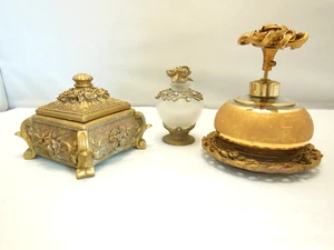 VINTAGE GLASS ORNATE PERFUME BOTTLES FLOWERS SET Of 3 PIECES + TRINKET BOX - Picture 1 of 13