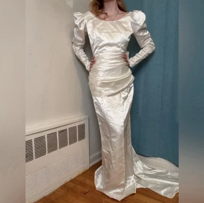 Vintage 1980s Long Sleeve Satin Wedding Dress - Size 2 - Image 1 of 4