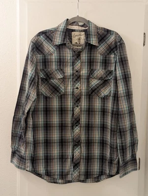 Mens Coastal Plaid Button Down Shirt W/Snap Closures & Chest Pockets Gray/Blue/B - Image 1 of 4