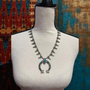 Herman Style Turquoise Squash Blossom Necklace 59.1g HMS Chain 13.25" Drop - Picture 1 of 6