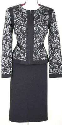 ST.JOHN Women's Black Metallic Silver Shimmer Print Zip Jacket & Skirt Sz 10 - Image 1 of 4