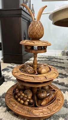 Vtg 3 Tier Hand Carved Monkey Pod Pineapple Lazy Susan Serving Party Tray Tiki - Image 1 of 4