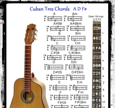 CUBAN TRES CHORDS CHART ADF# & NOTE LOCATOR - SMALL CHART - Image 1 of 3