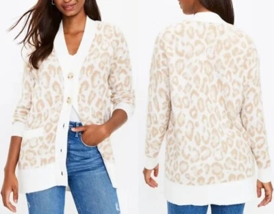 Nuevo con etiquetas Cárdigan Ann Taylor Loft Leopardo Botón Frontal Cuello en V Calce Novio Mujeres XL Foto 1 de 4